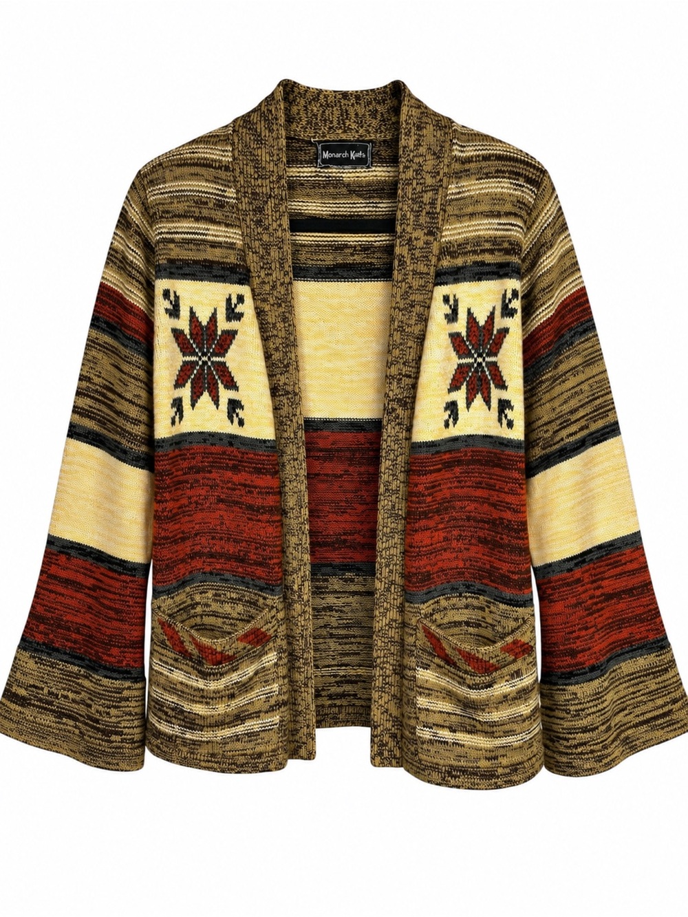 Vintage 70s Monarch Knits Open Front Cardigan Belted Sweater Southwest Pattern